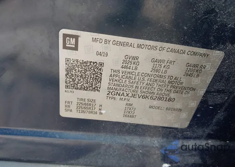 2019 Chevrolet Equinox Lt z USA, uszkodzony, nr VIN 2GNAXJEV6K6280180